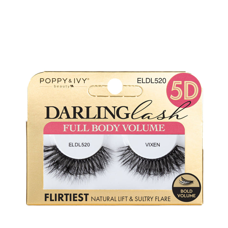 5D dramatic false eyelashes in gold full body volume packaging showing bold black fluttery lashes