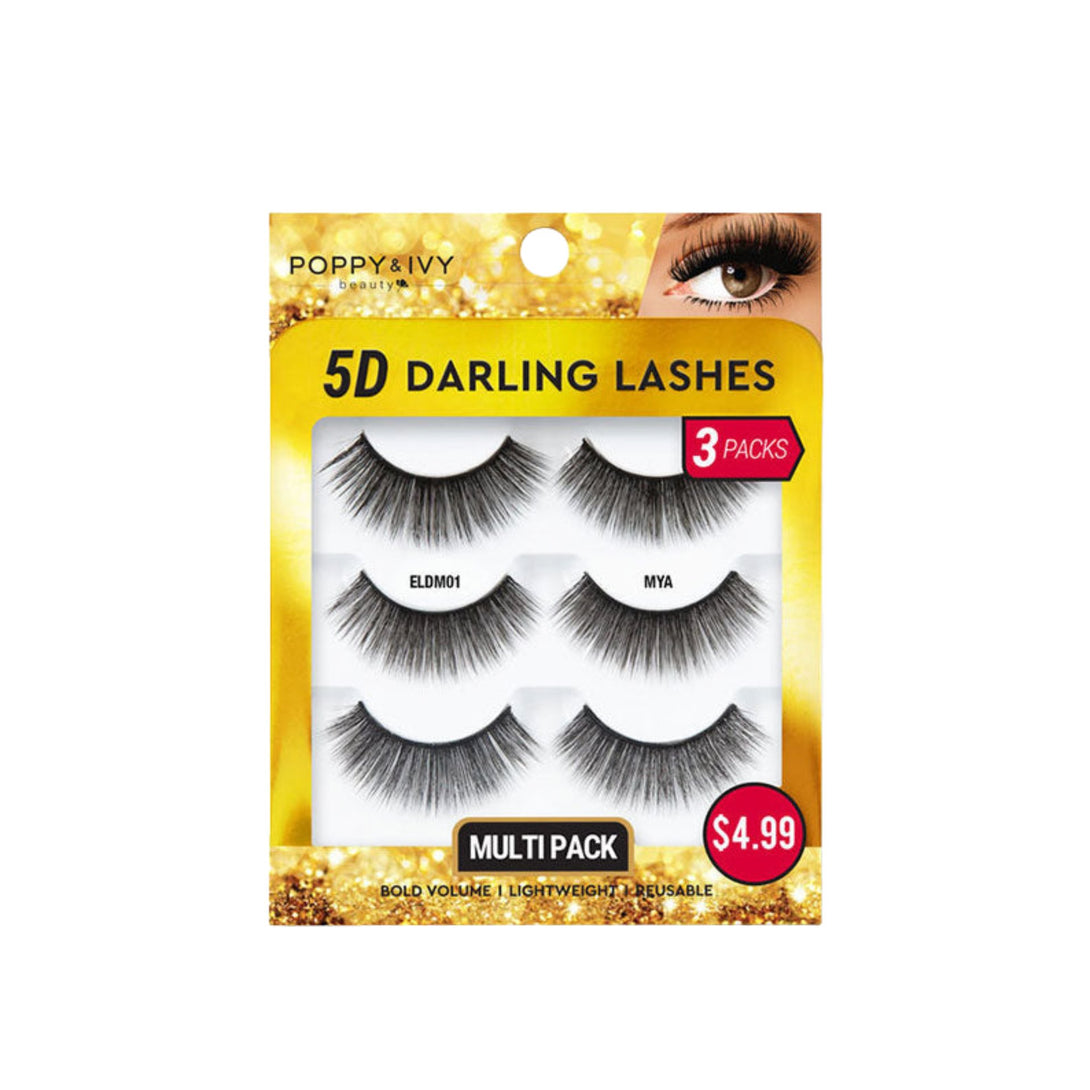 Packaging of 5D Darling Lashes multipack showing three pairs of dramatic black false eyelashes in gold box