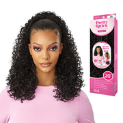 OUTRE curly ponytail extension in 1B black shown on model with box packaging for easy high ponytail