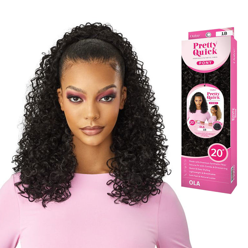OUTRE curly ponytail extension in 1B black shown on model with box packaging for easy high ponytail