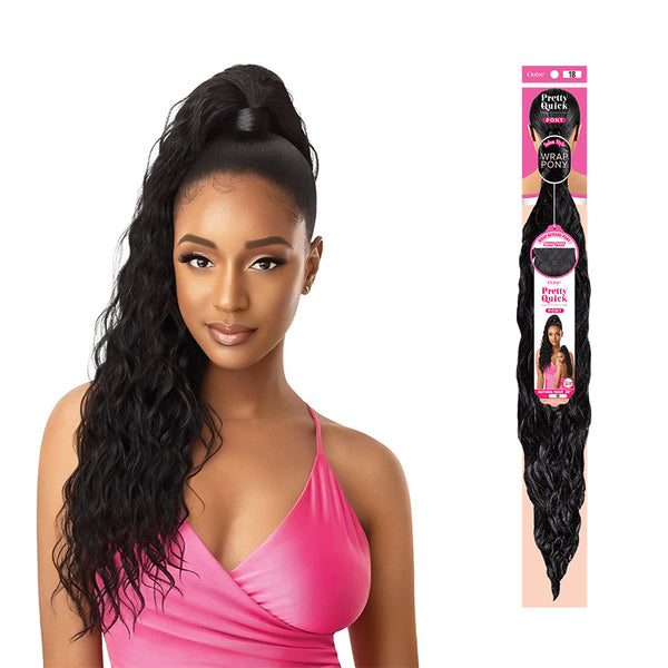 OUTRE natural wave ponytail extension shown on model with long black wavy hair styled in high ponytail