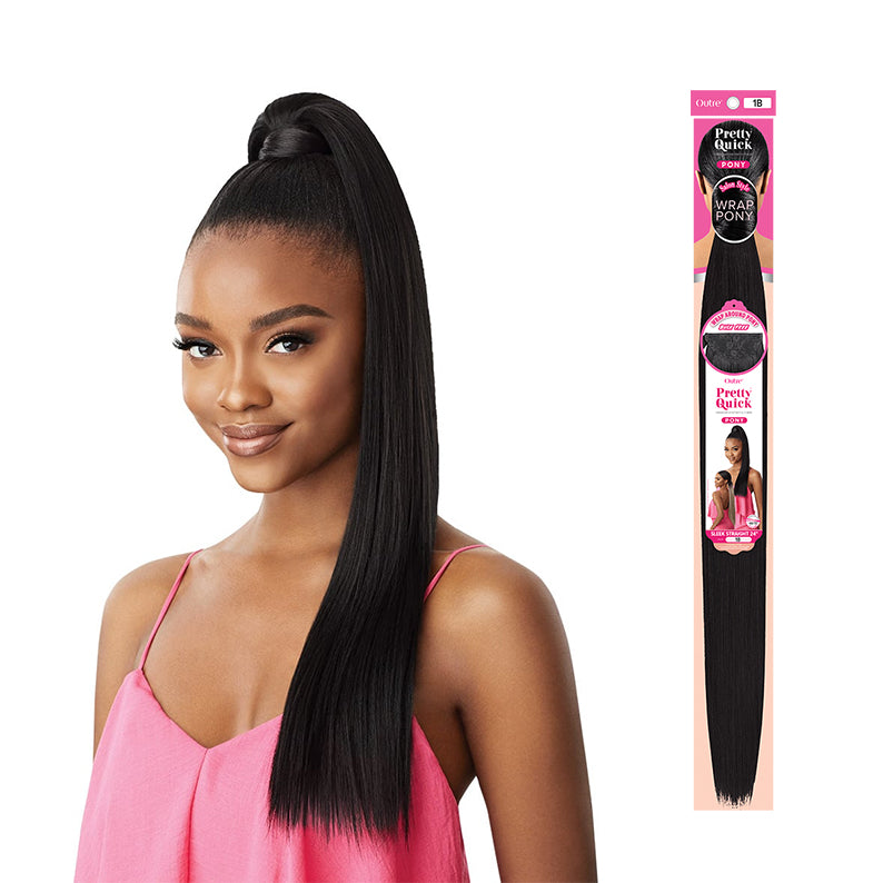 OUTRE sleek straight wrap ponytail extension black long high pony worn by model with product packaging