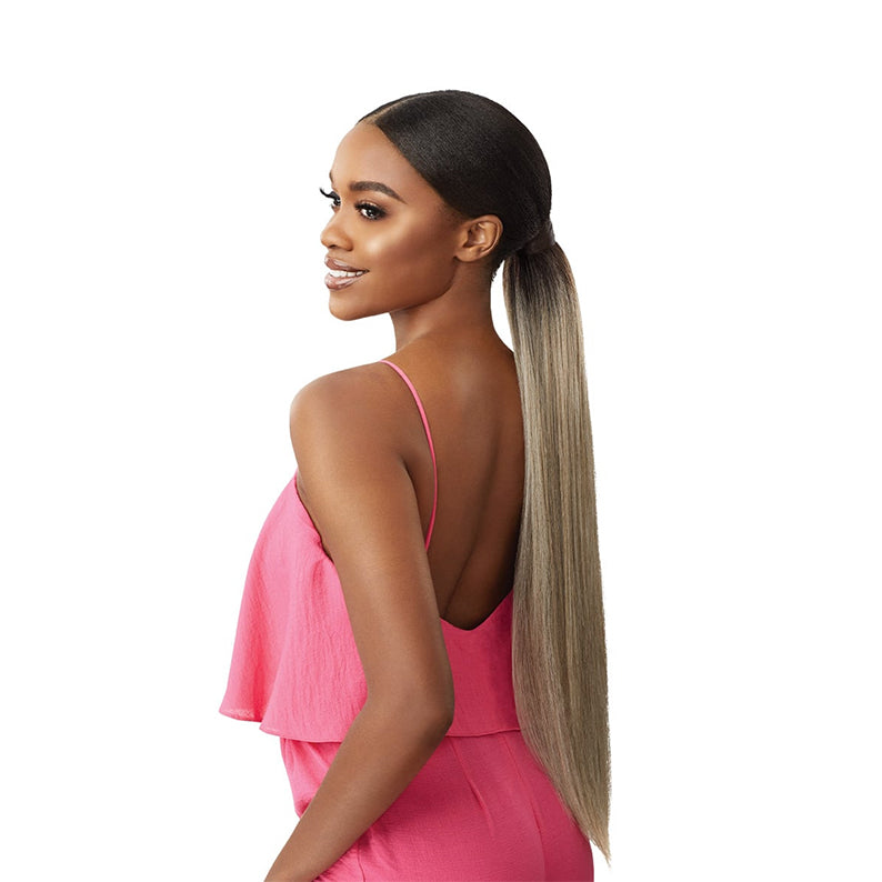 OUTRE sleek straight wrap ponytail extension on model showing long smooth ombre ponytail in brown to blonde