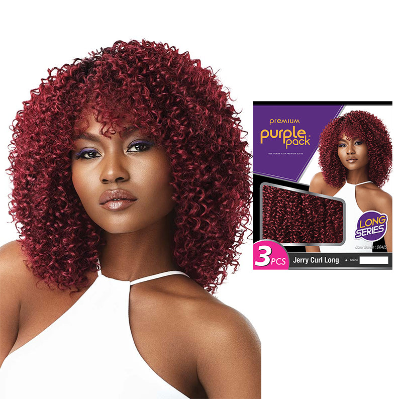 OUTRE Jerry curl long weave burgundy curly synthetic long afro style wig with 3 piece Purple Pack box