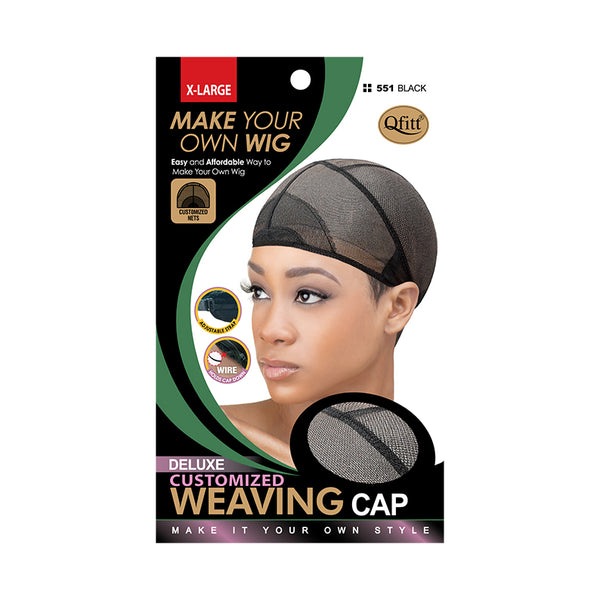 Black mesh wig packaging displaying deluxe weaving cap x-large on a mannequin head for customizing wigs