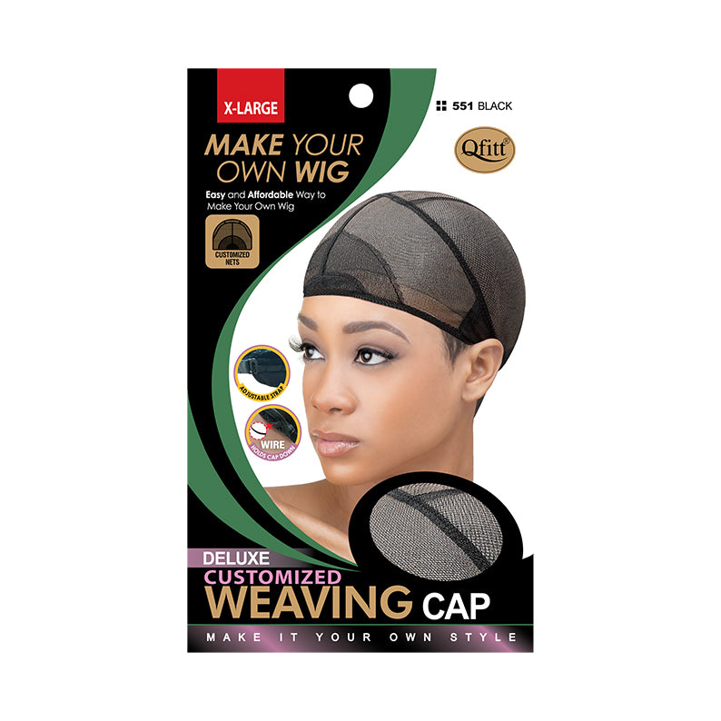 Black mesh wig packaging displaying deluxe weaving cap x-large on a mannequin head for customizing wigs