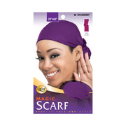 M and M purple long head scarf packaging showing smiling woman wearing magic hair scarf for women 20x60 inches