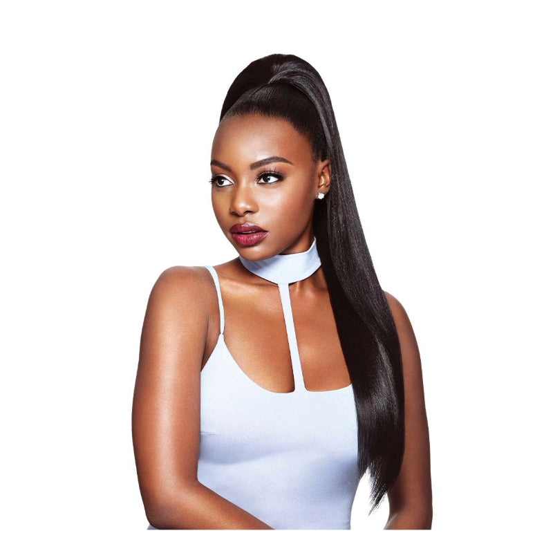OUTRE quick ponytail extension worn by woman with long sleek black hair and white halter top