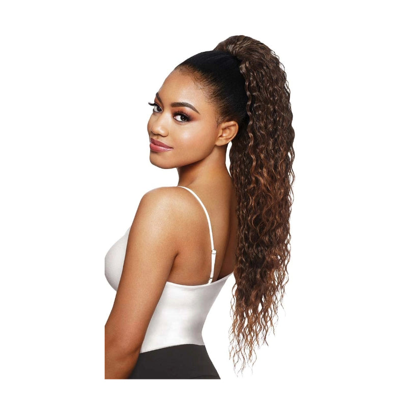 OUTRE quick ponytail hairpiece with long curly brown hair styled on woman