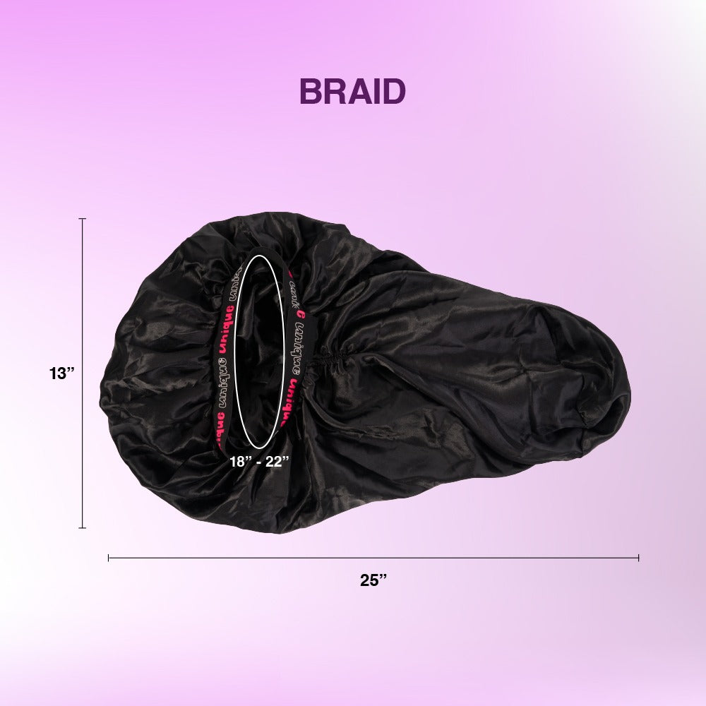 RED BEAUTY by KISS adjustable braid bonnet black satin with elastic band showing 25 inches by 13 inches