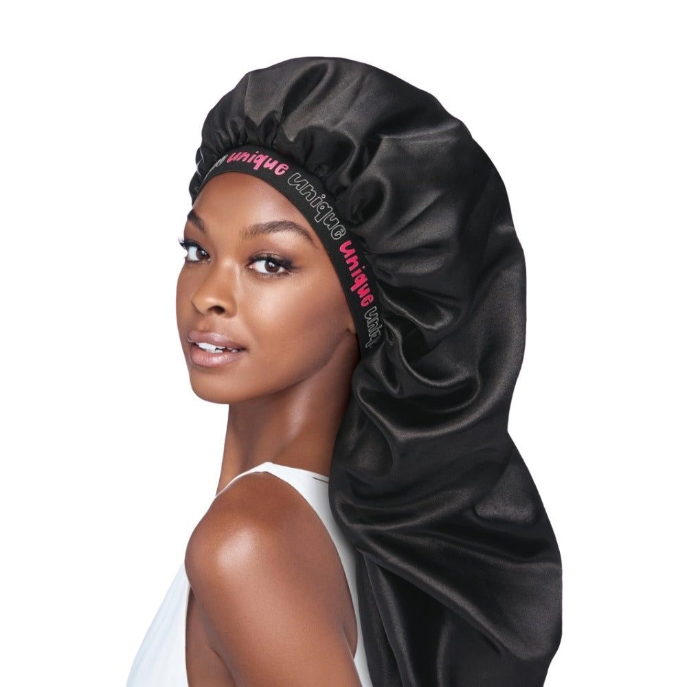 Black satin adjustable braid bonnet with elastic logo band oversized long drape for braid protection