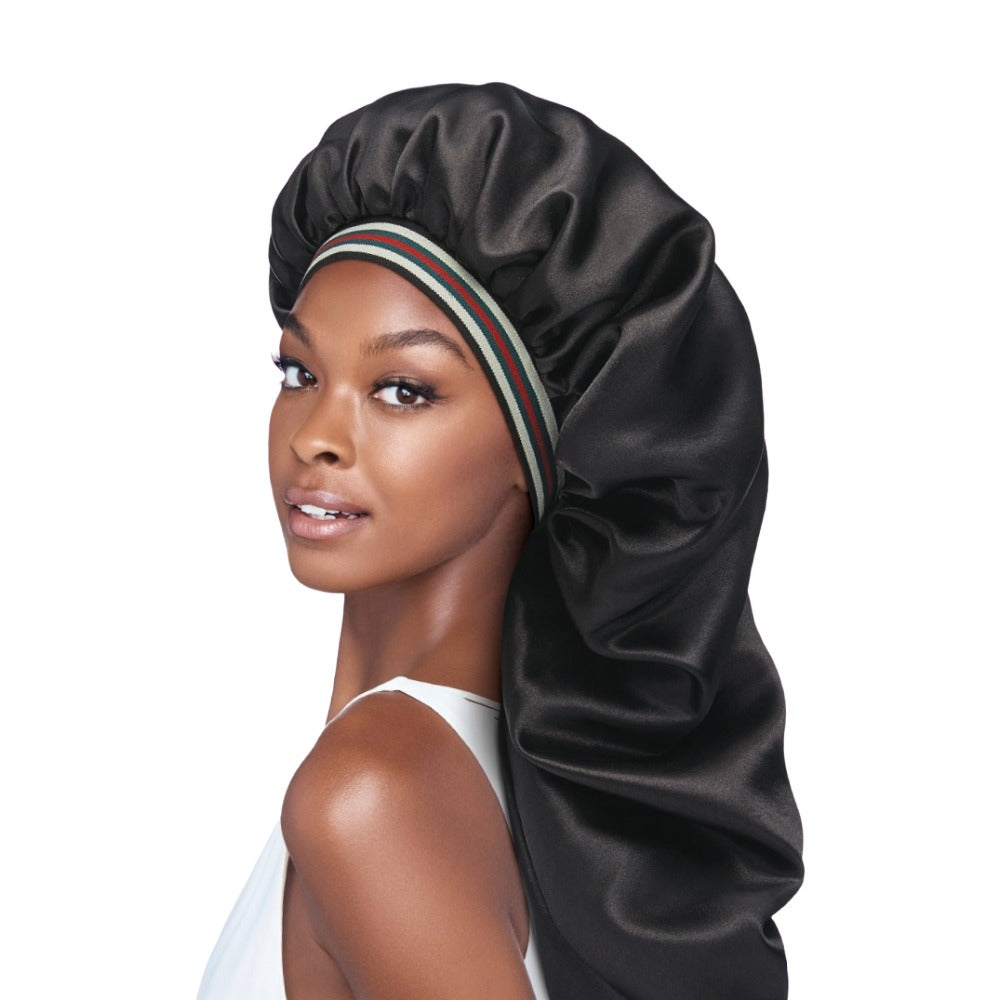 Black satin adjustable fashion bonnet for braids with striped elastic band oversized protective sleep cap