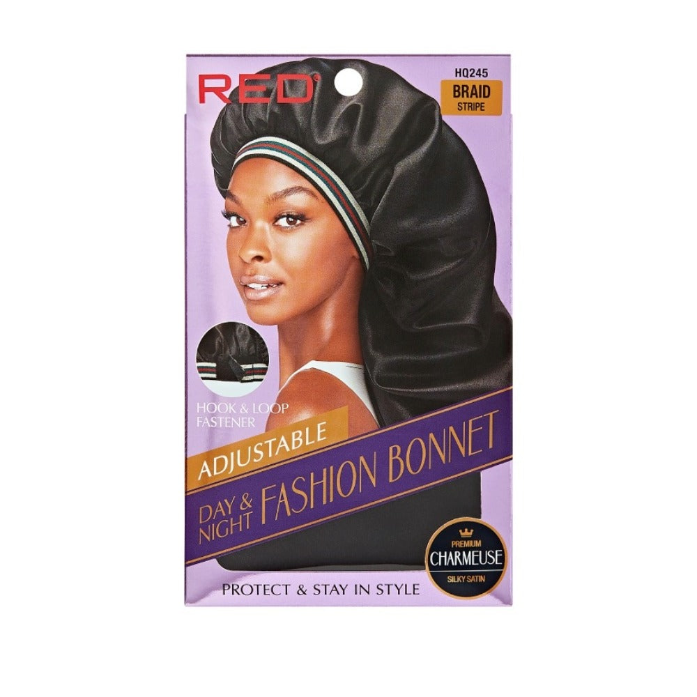 RED BEAUTY by KISS adjustable fashion bonnet for braids black charmeuse satin with striped hook and loop band