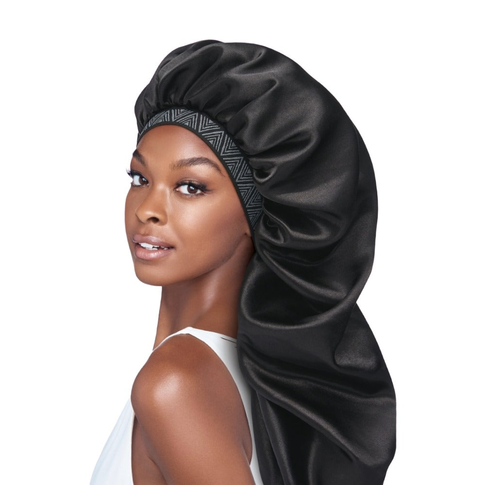 Black adjustable fashion bonnet for braids by RED BEAUTY for stylish hair protection