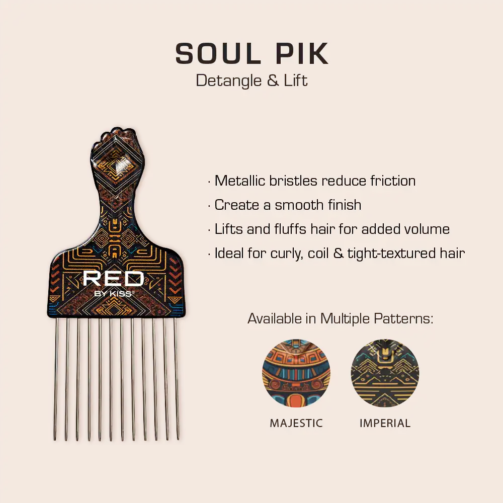 RED BEAUTY by KISS Soul Pik patterned handle afro hair pick comb with metal bristles for detangling and lift