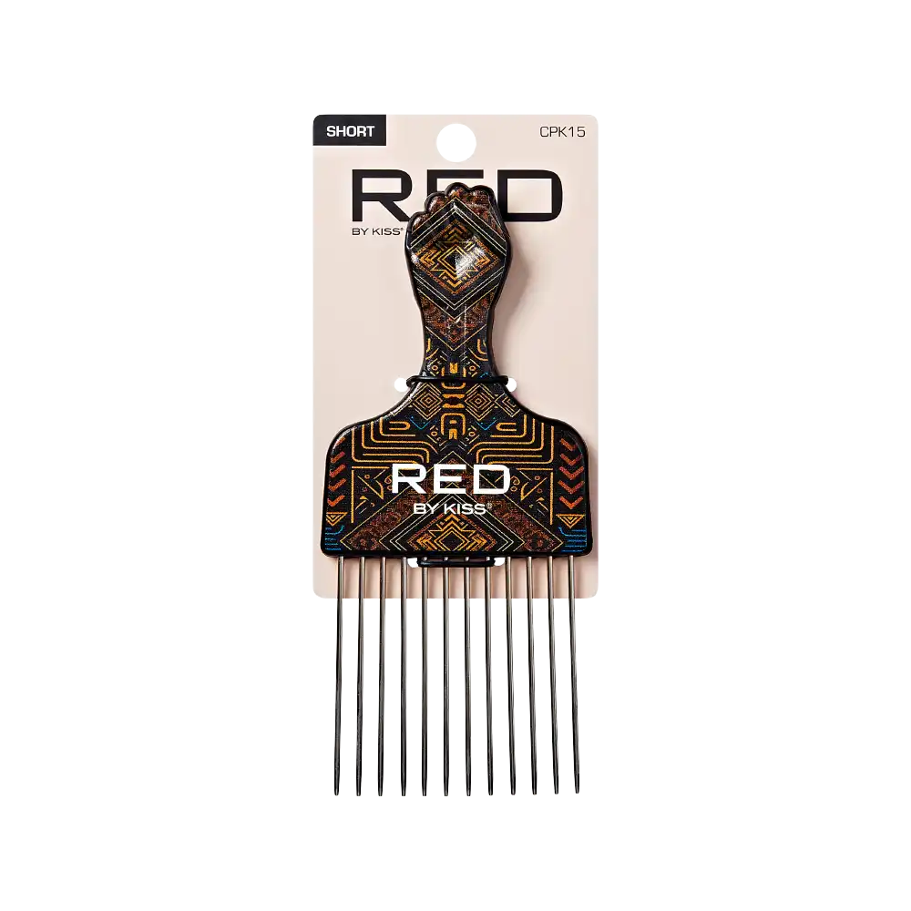 RED BEAUTY by KISS short decorative afro hair pick comb with geometric pattern and long metal teeth