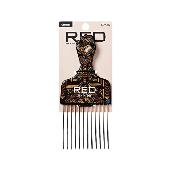 RED BEAUTY by KISS short decorative afro hair pick comb with geometric pattern and long metal teeth