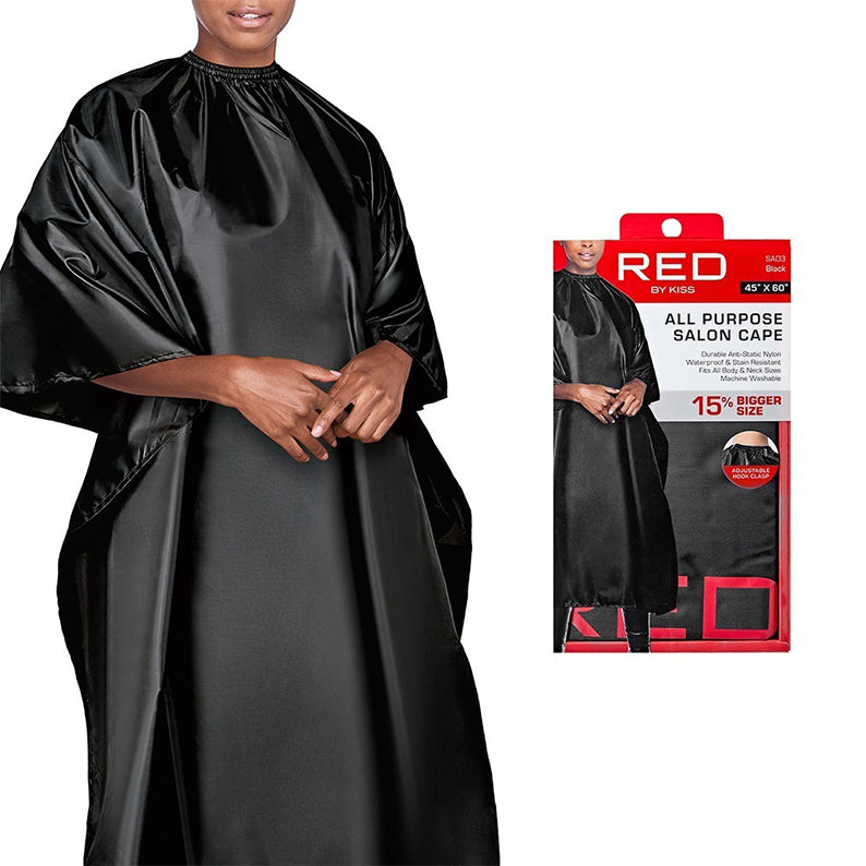 RED BEAUTY by KISS black all purpose salon cape shown on model with product packaging