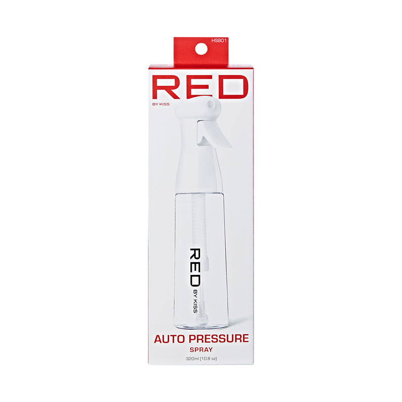 RED BEAUTY by KISS auto pressure hair spray bottle in clear plastic with white trigger on retail box