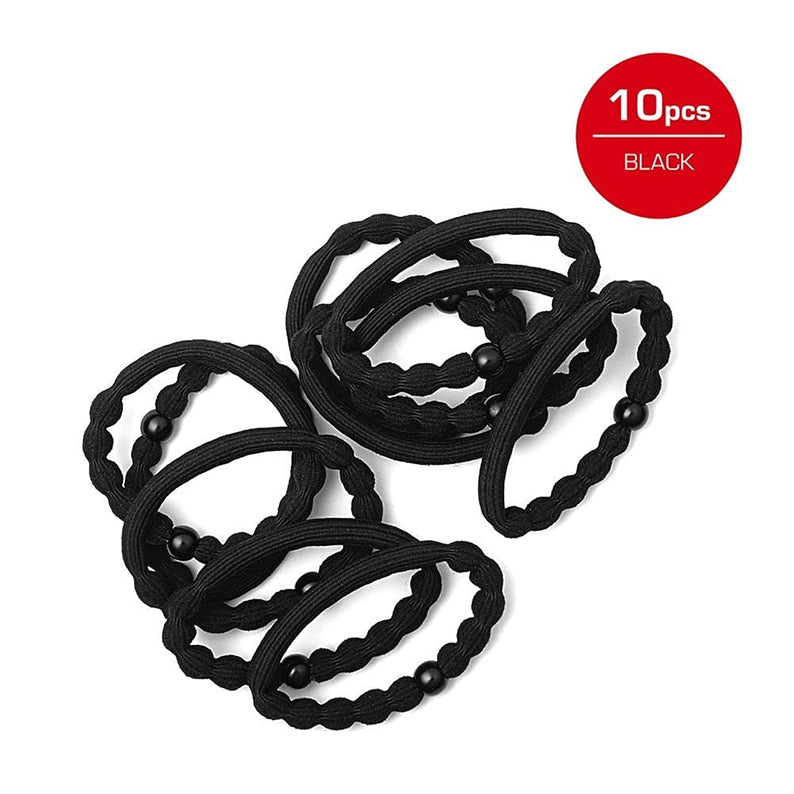 Set of 10 black elastic hair bands 8mm with twisted texture and bead connector for ponytails