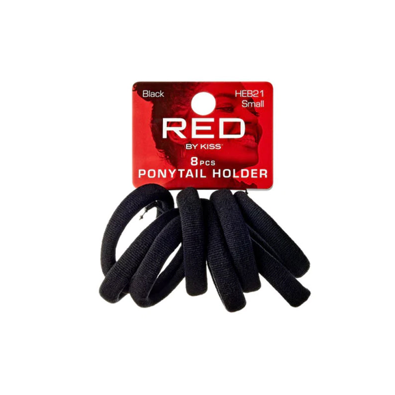 RED BEAUTY by KISS pack of 8 black ponytail holders on red card small fabric elastic no snag secure hold