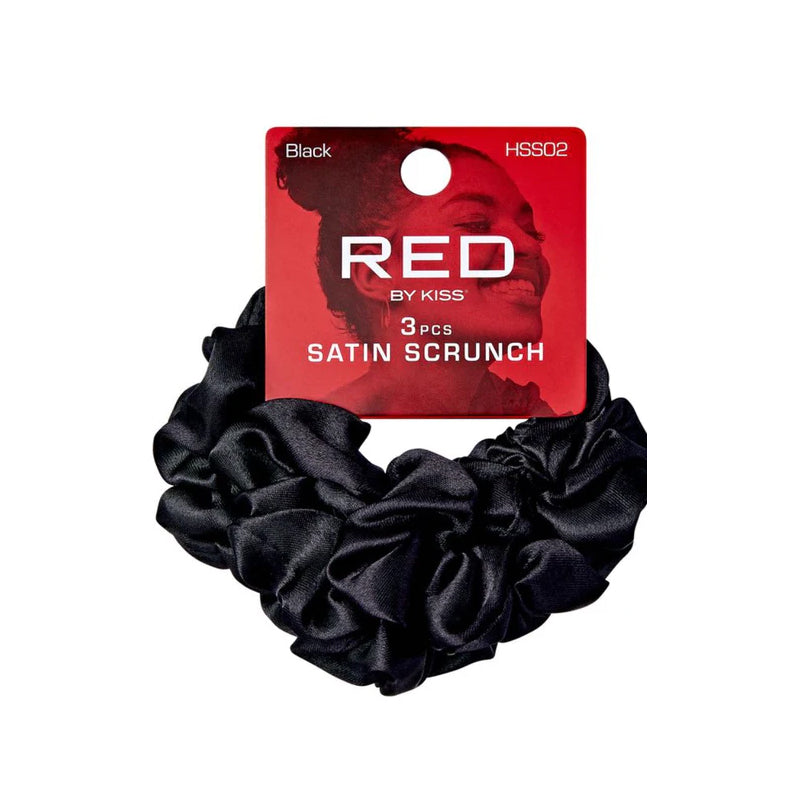 RED BEAUTY by KISS 3 pack black satin hair scrunchies on red hang card with silky sheen for gentle styling