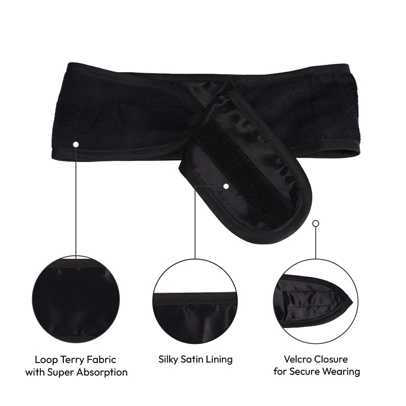 RED BEAUTY by KISS black spa headband for hair with loop terry fabric silky satin lining and Velcro closure