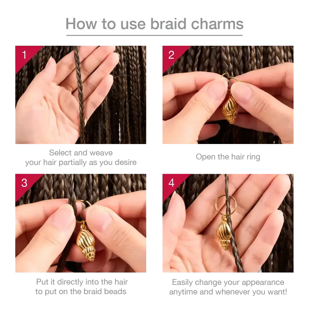 Four step instructional images of hands attaching a gold shell charm to braided hair using braid charm kit for hair