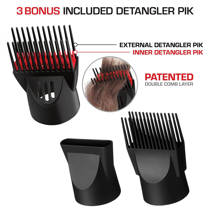 RED BEAUTY by KISS ceramic detangler dryer with attachments showing patented double comb detangler pik and two nozzle attachments