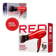 RED by KISS 2000 detangler boxed set showing red ceramic detangler dryer with attachments and comb nozzle