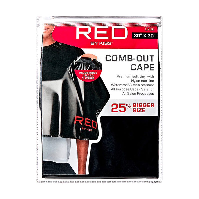 RED by KISS black comb-out cape for hair salons packaged 30 x 30 inch vinyl cape with adjustable velcro closure