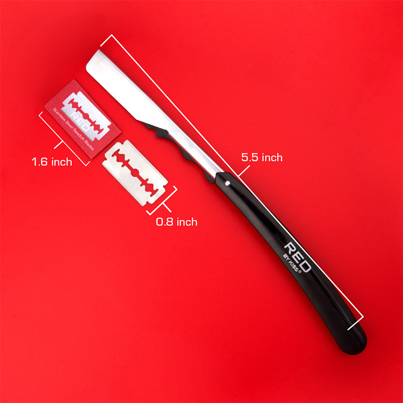 RED BEAUTY by KISS disposable hair shaver with blades black handle straight razor and replacement blades on red background