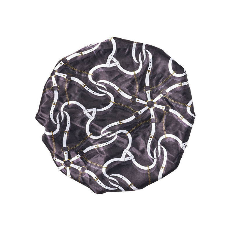 RED BEAUTY by KISS extra large silky bonnet in black with white belt and gold chain print