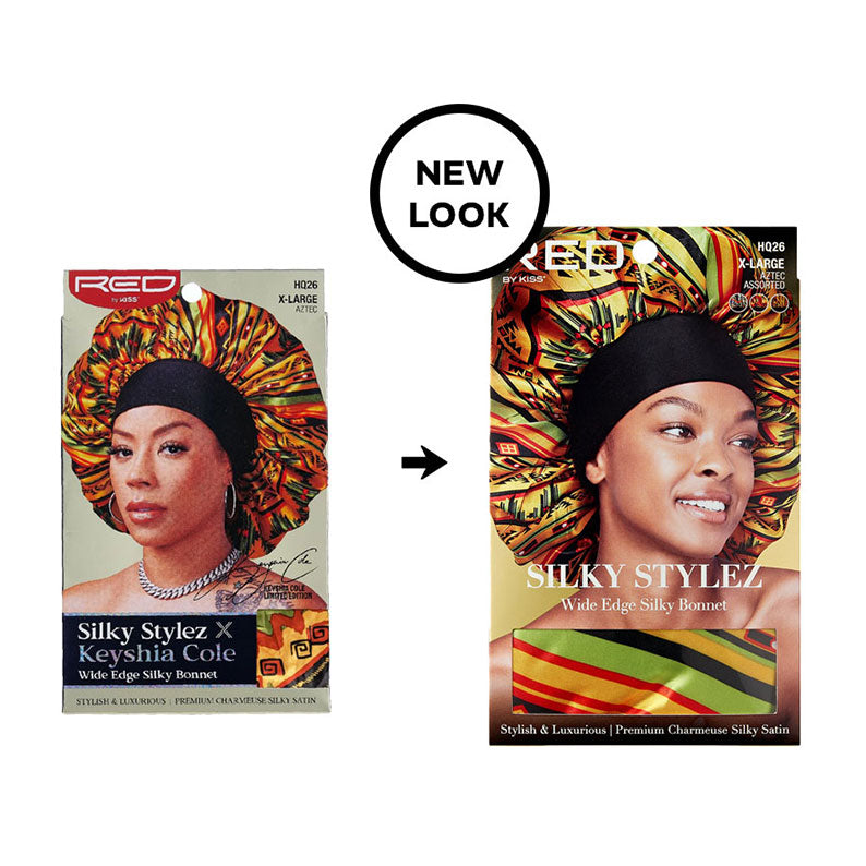 RED BEAUTY by KISS packaging showing extra large silky bonnet for braids with colorful print and wide black edge