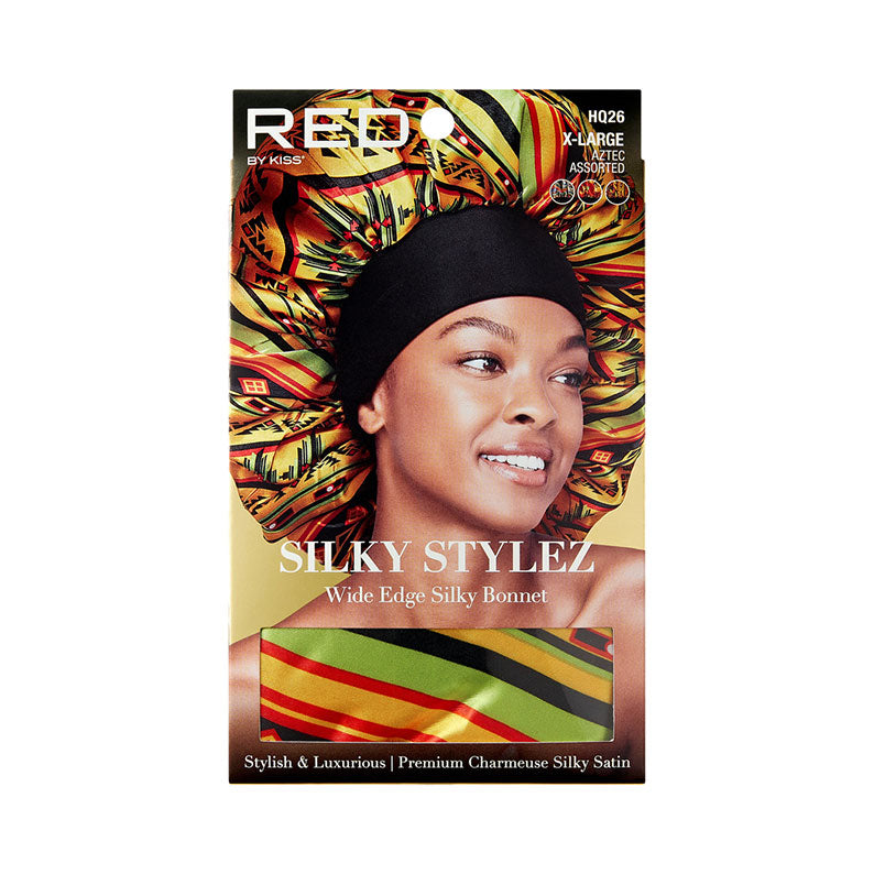 RED BEAUTY by KISS extra large silky bonnet for braids colorful satin print with wide black edge