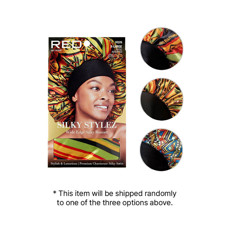 RED BEAUTY by KISS packaging showing three patterned extra large silky bonnet for braids options with wide edge satin