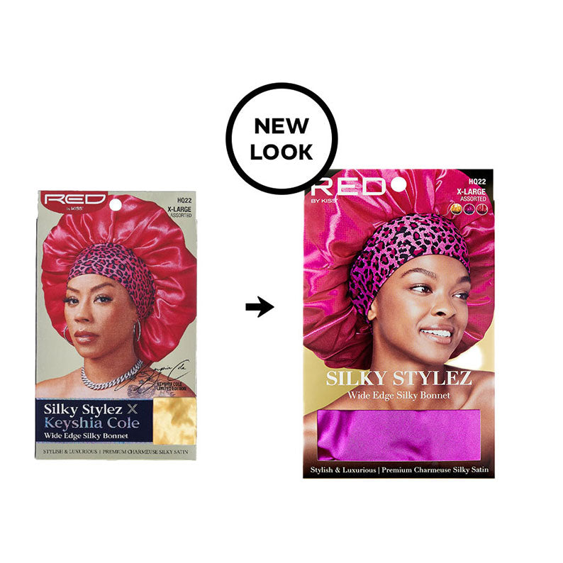 RED BEAUTY by KISS Silky Stylez packaging showing new look model wearing pink extra large silky bonnet for women and fabric swatch