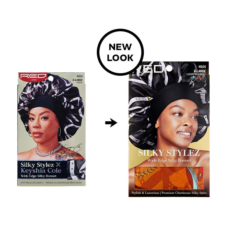 RED BEAUTY by KISS extra large silky bonnet packaging showing model wearing wide edge silky bonnet