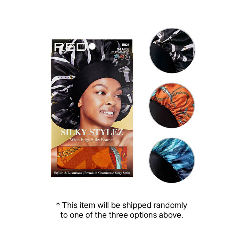 RED BEAUTY by KISS extra large silky bonnet packaging showing model wearing black wide edge bonnet and three pattern options