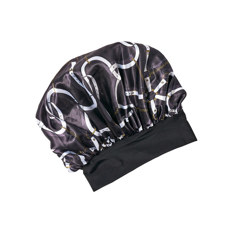 RED BEAUTY by KISS extra large silky bonnet in black with gold and white chain print and fitted black band