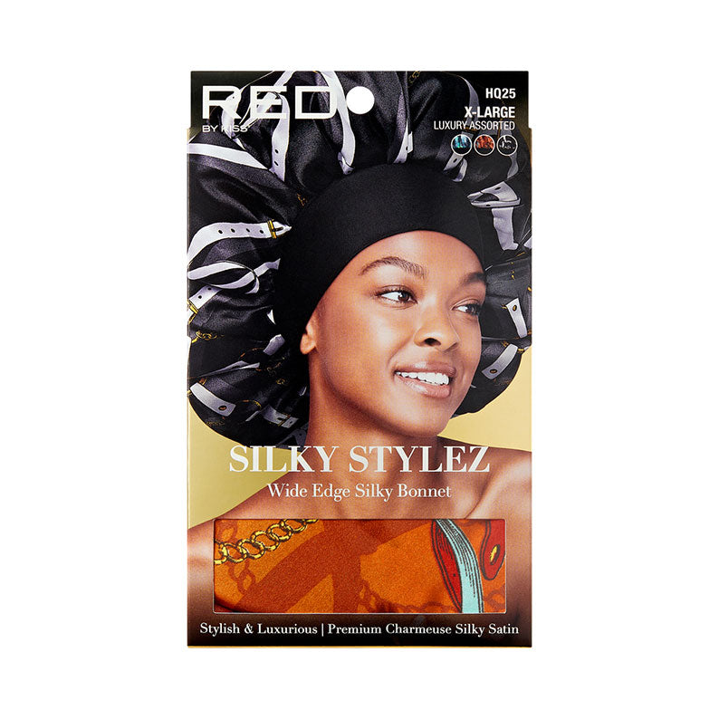 RED BEAUTY by KISS extra large silky bonnet black wide edge satin bonnet on smiling model packaging