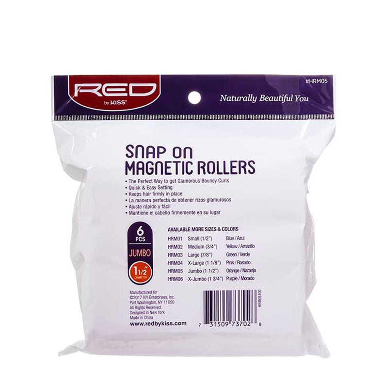 RED BEAUTY by KISS snap on jumbo magnetic hair rollers 6 piece 1 and a half inch white purple package