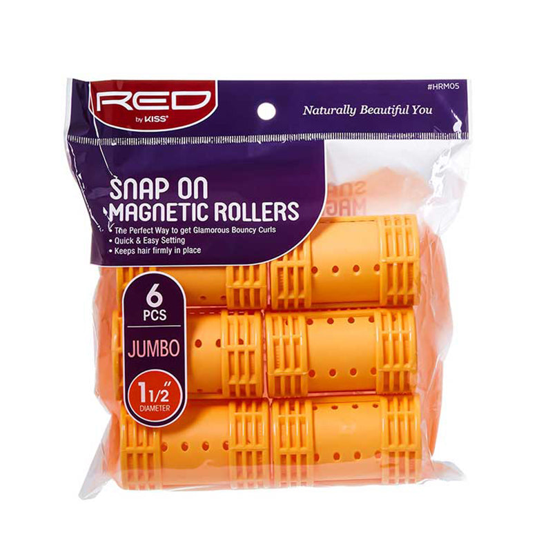 RED BEAUTY by KISS snap on pack of 6 orange jumbo magnetic hair rollers one and a half inch diameter