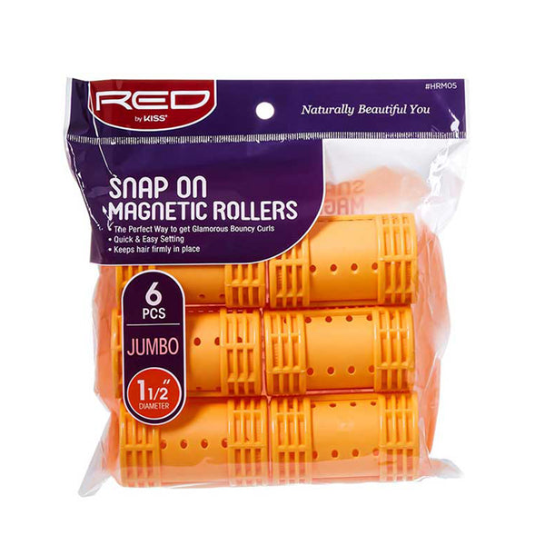 RED BEAUTY by KISS snap on pack of 6 orange jumbo magnetic hair rollers one and a half inch diameter