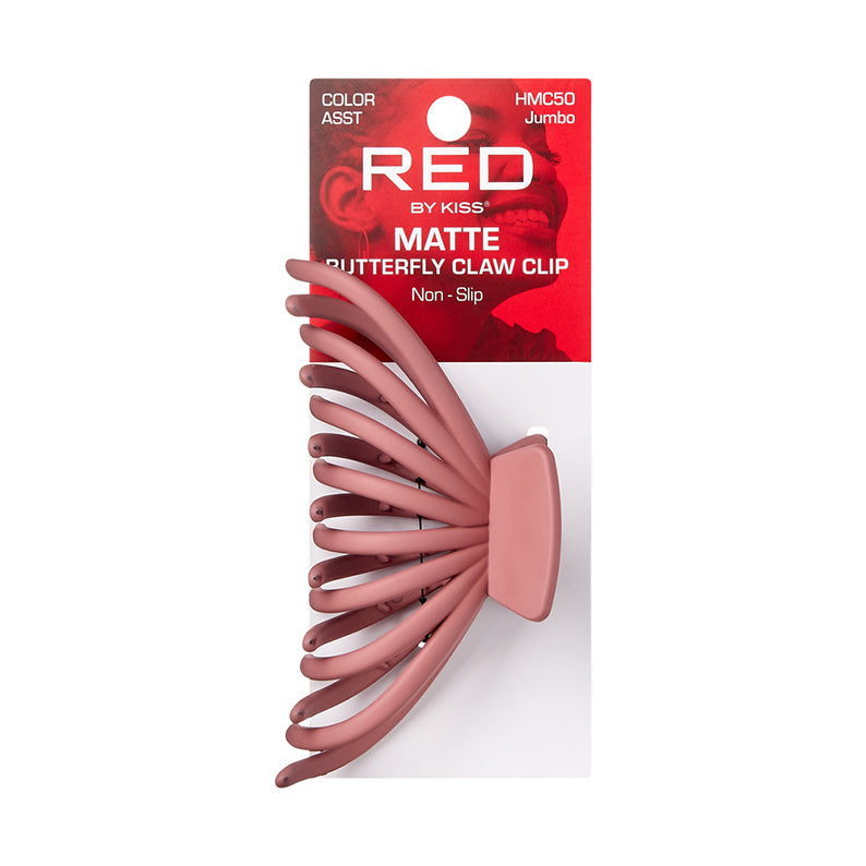 RED by KISS jumbo matte butterfly claw clip in dusty rose on retail card packaging showing non slip