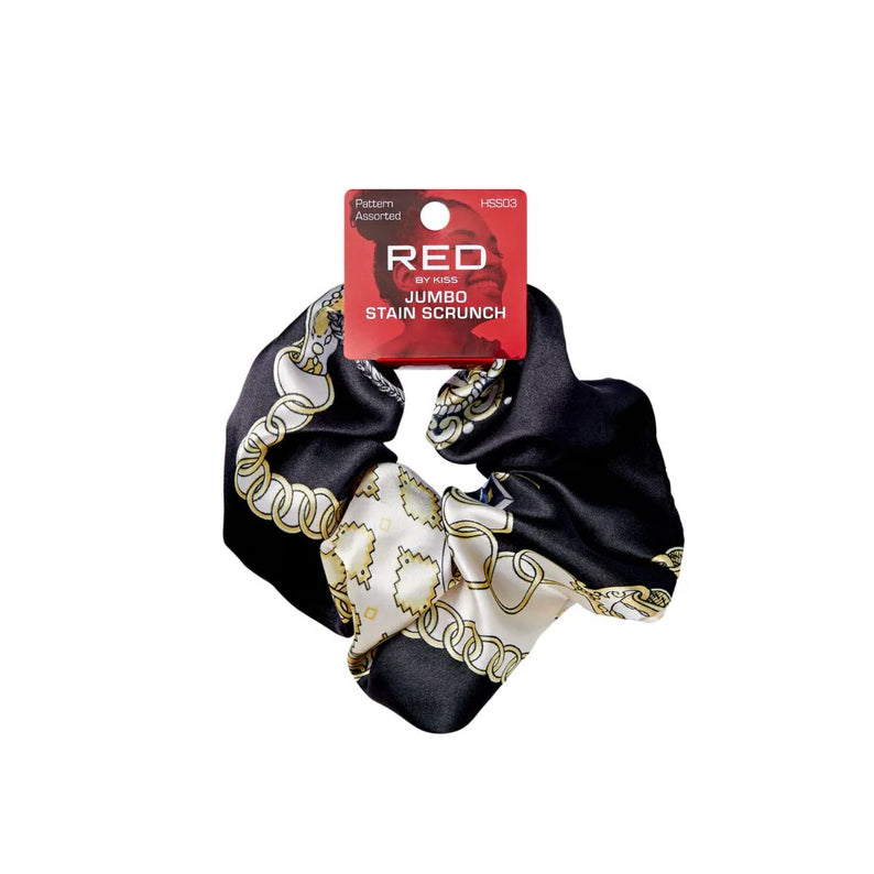 RED BEAUTY by KISS jumbo satin scrunchie black and white with gold chain print for secure hold