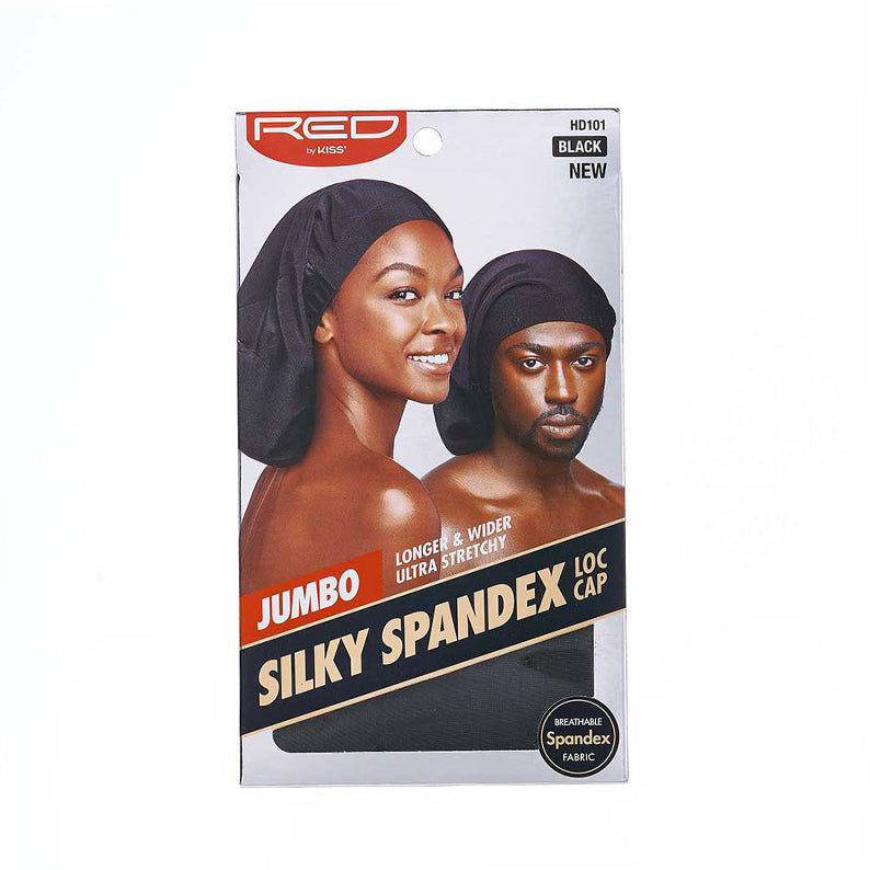RED BEAUTY by KISS jumbo silky spandex loc cap packaging with two models wearing black stretchy loc caps