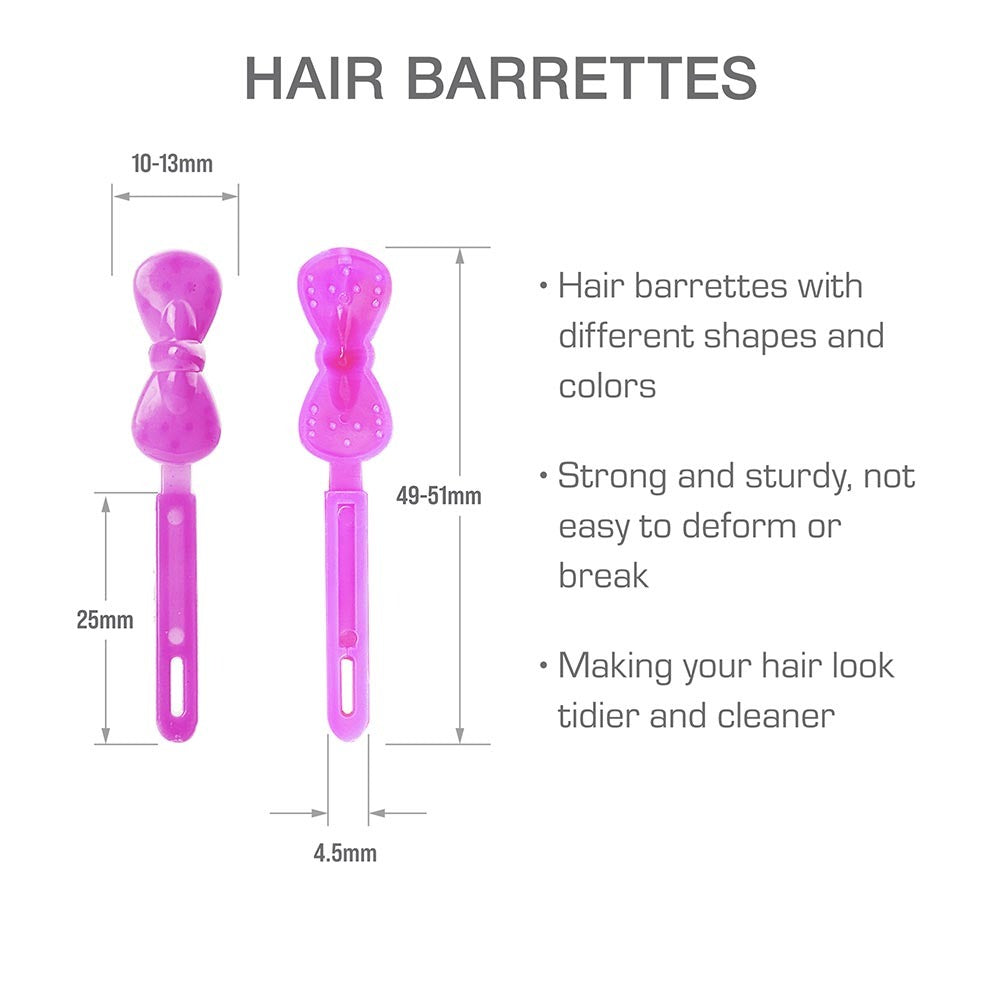 RED BEAUTY by KISS pink plastic kids ribbon hair barrettes set showing two bow shapes with size measurements and features