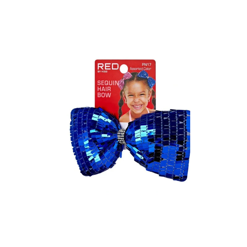 Blue glittering kids sequin hair bow with rhinestone center on RED BEAUTY by KISS card featuring smiling girl