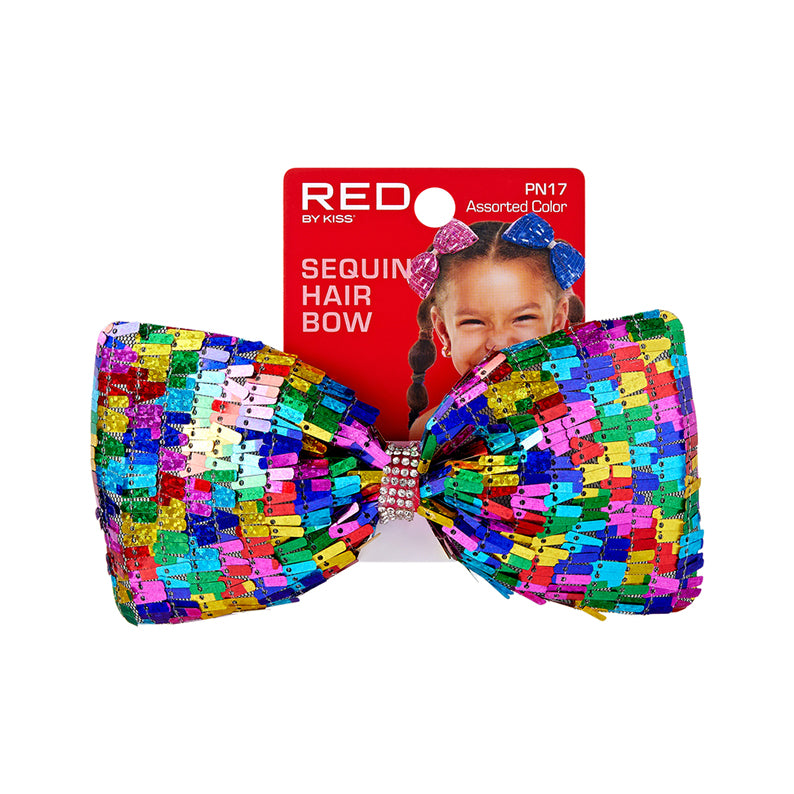 kids sequin hair bow multicolor oversized sequined bow with rhinestone center on RED by KISS packaging